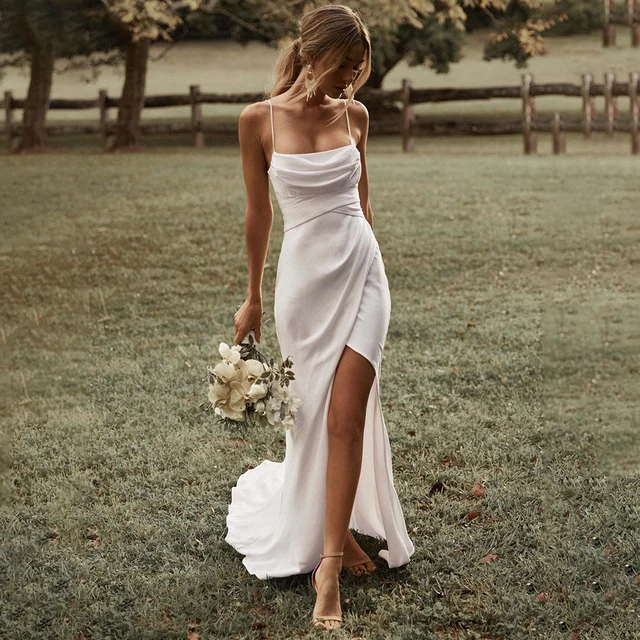 Simple Mermaid White Wedding Dress Spaghetti Straps High Slit 2022 Satin Backless Plain Bridal Gown Sweep Train Vestido de Novia 1