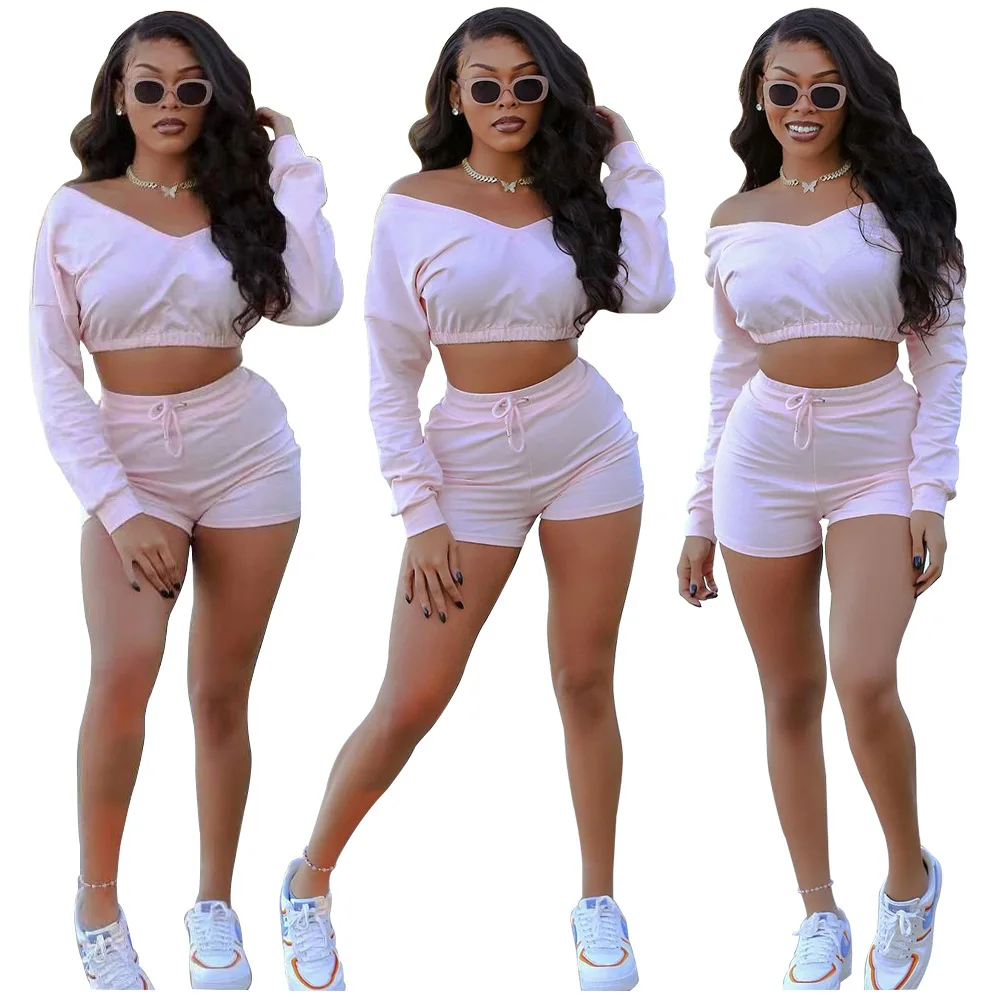 

Women's Summer Suit Shorts European And American Women's V-neck Solid Color Off-the-shoulder Sports Two-piece Suit Pink