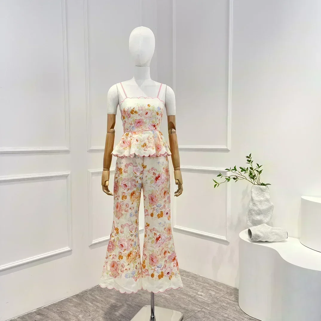 

New Arrivals 2023 Spring Summer Top Quality Vintage Pink Linen Belt Frill Sleeveless Top and Pants Woman Casual Set