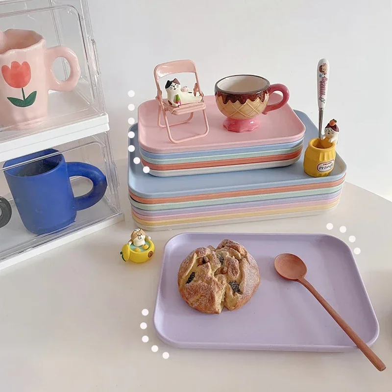 

Candy Colored Plastic Storage Tray Korean Style Rectangular Dining Plate Nordic Fruit Dessert Dining Plate Kitchenaccessories