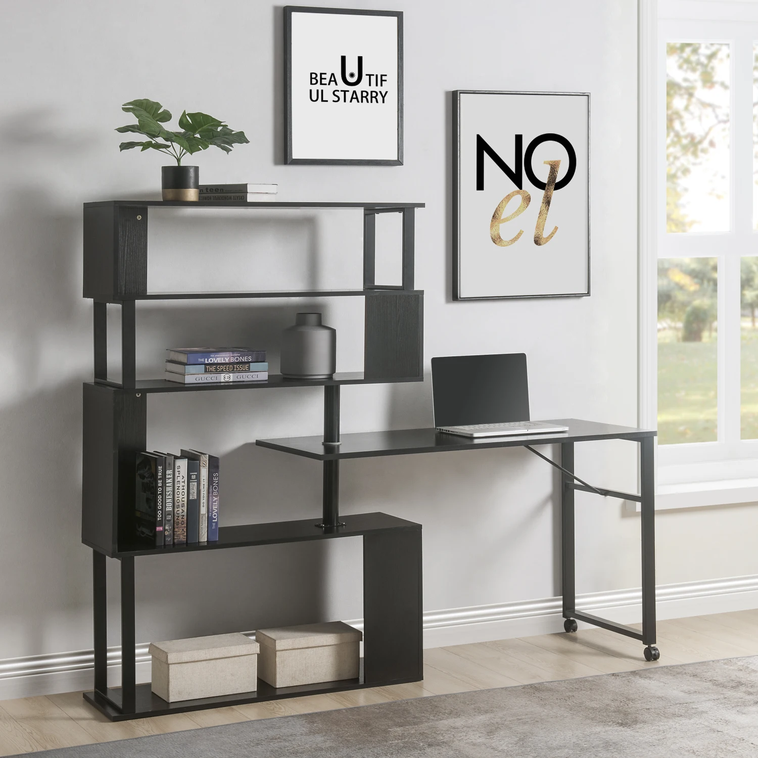 

Home Office Computer Desk L-Shaped Corner Table, Rotating Computer Table with 5-Tier Bookshelf, Four Installation Methods, Locka