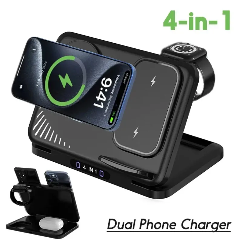 MagSafe 4 In 1 듀얼 폰 무선 충전기 스탠드 iPhone iWatch AirPods용 고속 충전 스테이션 사무실 충전 액세서리
