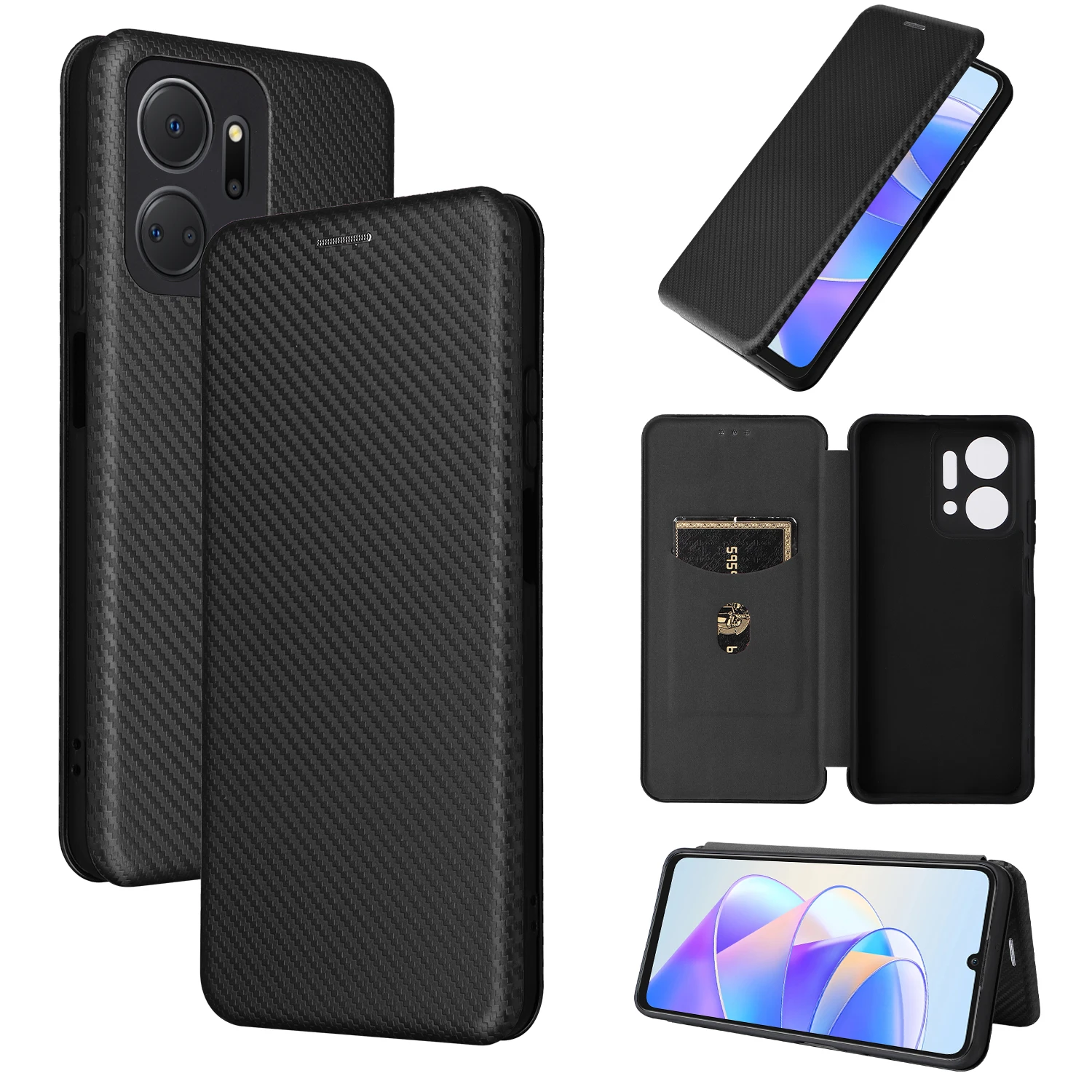 Funda de cuero con tapa de fibra de carbono para Honor X7A