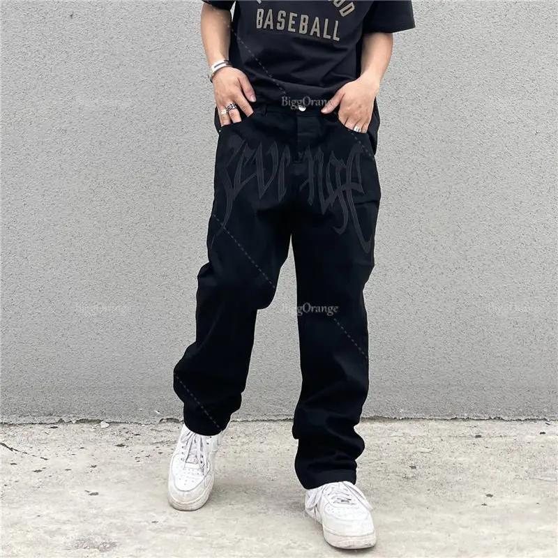 

Hip Hop Alt Denim Pants Male Y2K Emo Men's Fashion Black Streetwear Embroidered Low Rise Baggy Jeans Trousers Straight Clothes