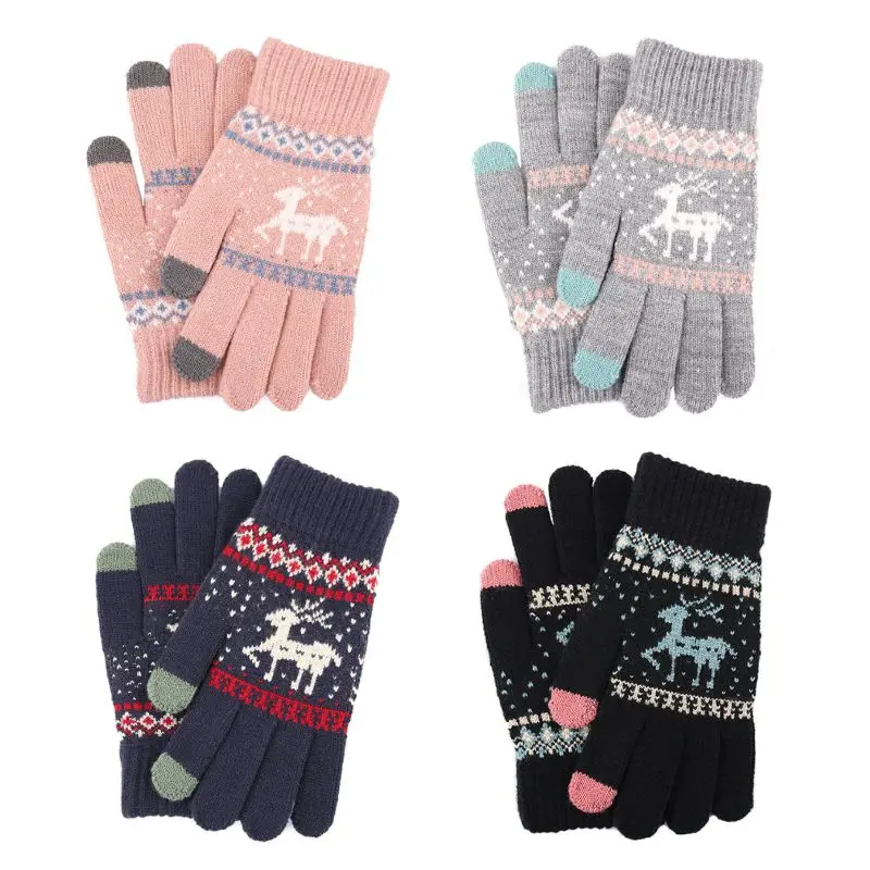 Winter Warm Full Finger Gloves Cartoon Deer Thickened Gloves Wool Knitting Touch Screen Christmas Elks Printed Mittens Outdoor