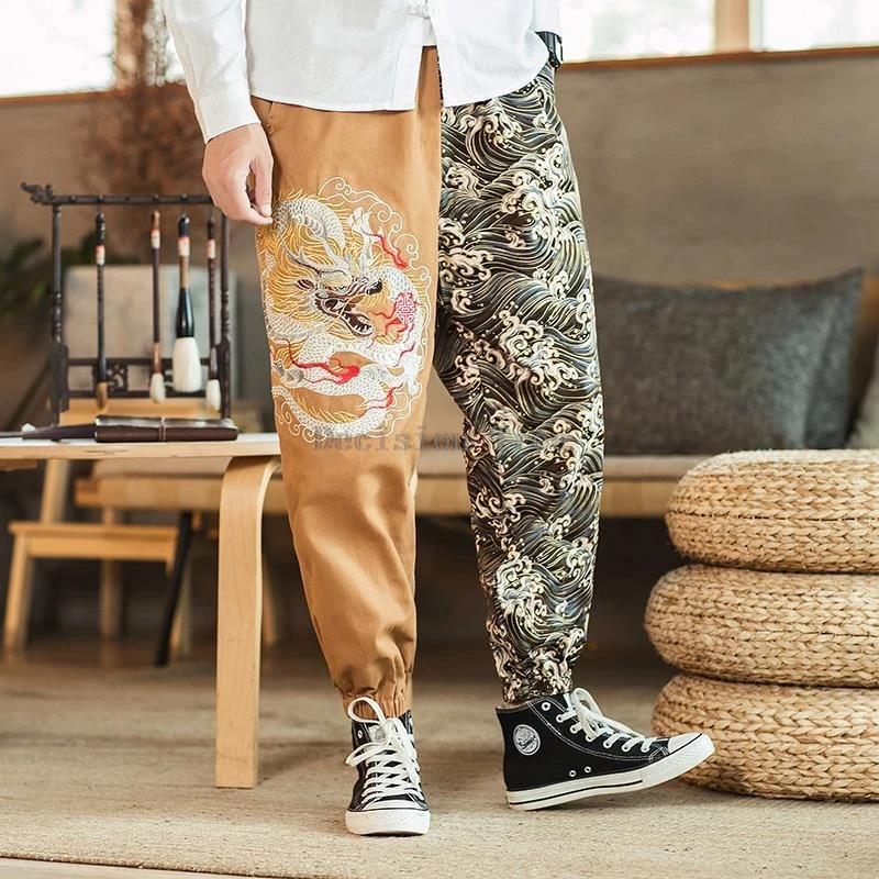 chinese style pants men autumn winter embroidered ankle pants loose haren trend large size martial arts casual