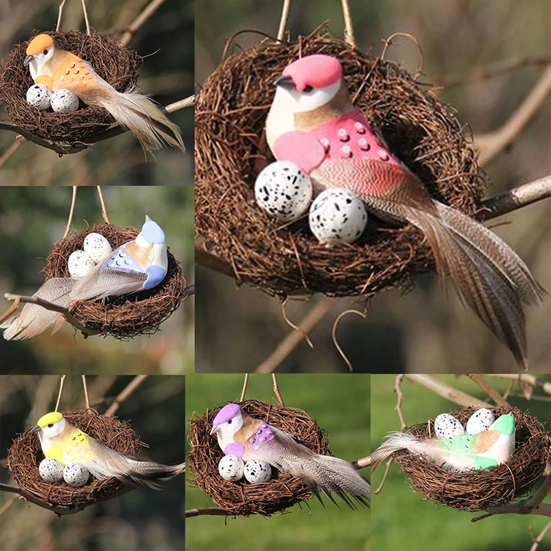 

Artificial Feather Bird Nest Set Rattan Handmade Craft Vintage Home Party Supplies Garden Props Easter Decoration 4pcs/set