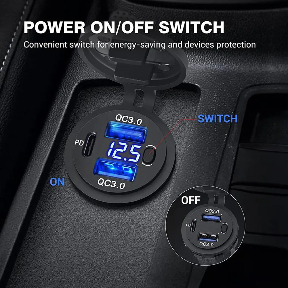 

Qc3.0 Pd Usb Car Charger Socket Waterproof Cover Fast Power Switch Quick Outlet With 12/24v Voltmeter Charge Adapter Charge L0q9