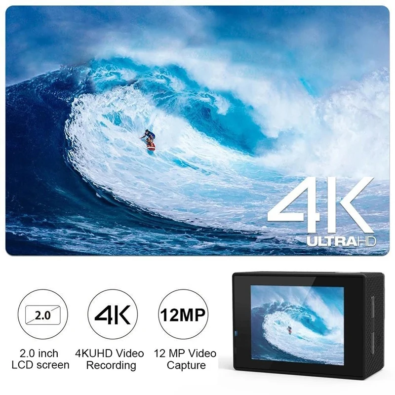 Câmera de Ação Ultra HD para Esportes, Câmera Impermeável, Capacete Subaquático, Go Recording, Pro, WiFi, 4K, Tela de 2.0 