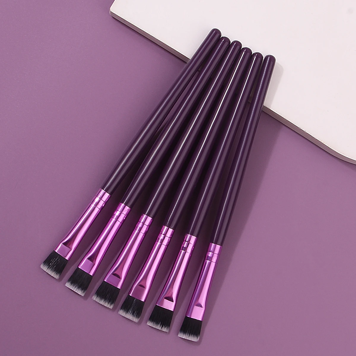 6PCS purple wooden-handled flat-head brush, eyeshadow brush, eyebrow brush, concealer brush, multi-purpose eye makeup tool