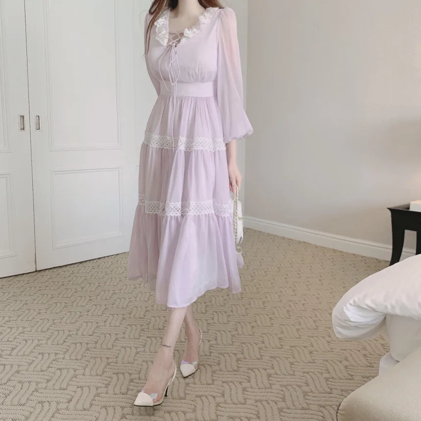 French Vintage Fairy Midi Dresses for Women Lantern Sleeve High Waist V-neck A-line Princess Party Dress Casual Female Vestidos