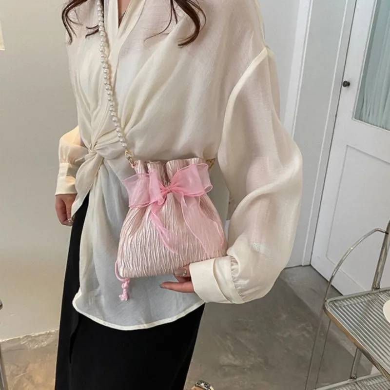 Cute Lace Bow Satin Bucket Crossbody Bags for Women Sweet Pearl Beading Pouch Ladies Elegant Shoulder Handbags Clutches Purse
