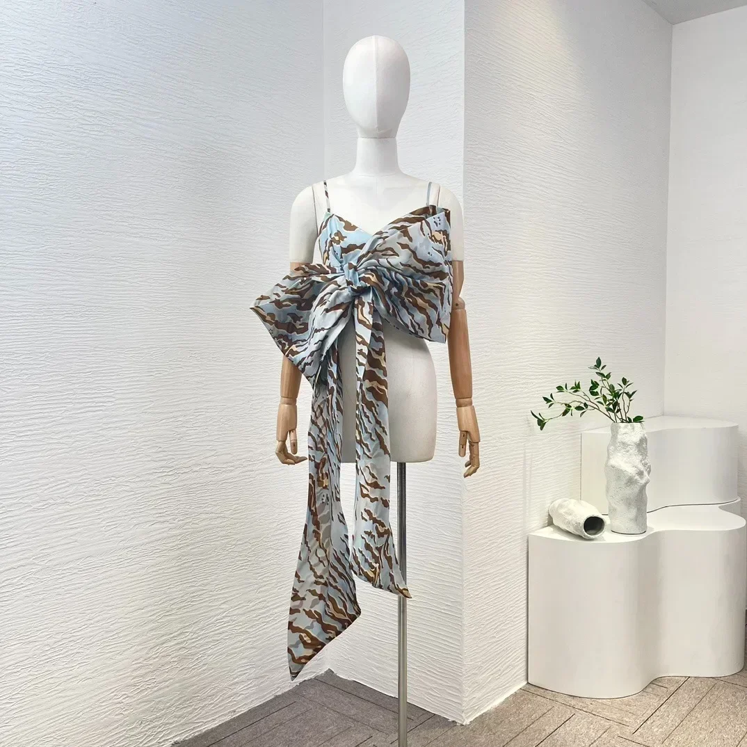 

Женский топ с большим бантом, голубой укороченный топ из шелка, весна-лето 2024