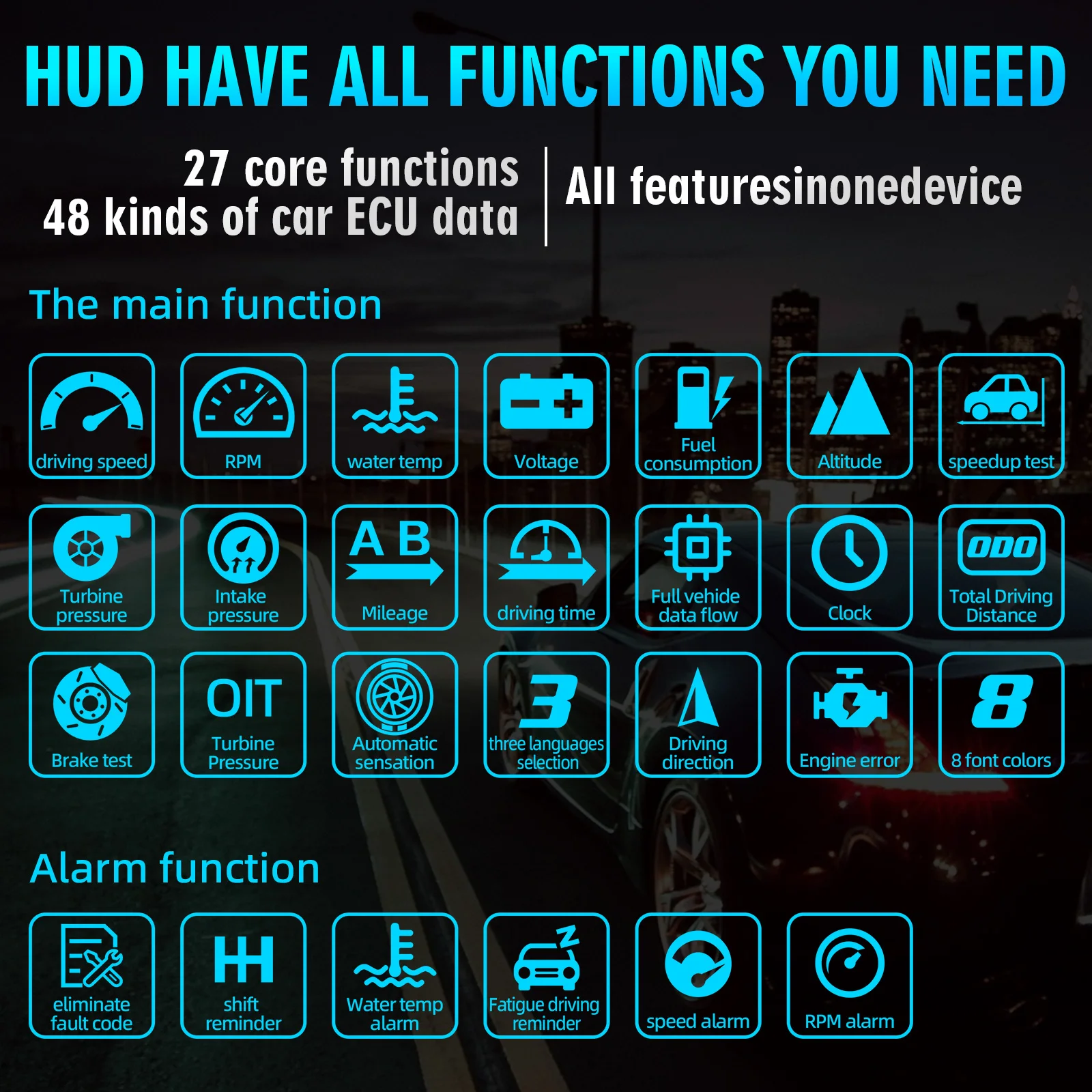HUD 헤드업 디스플레이 C1 OBD2 GPS 듀얼 시스템 디지털 속도계, 물 및 기름 온도 RPM 내비게이션, 과속 경고 프로젝션