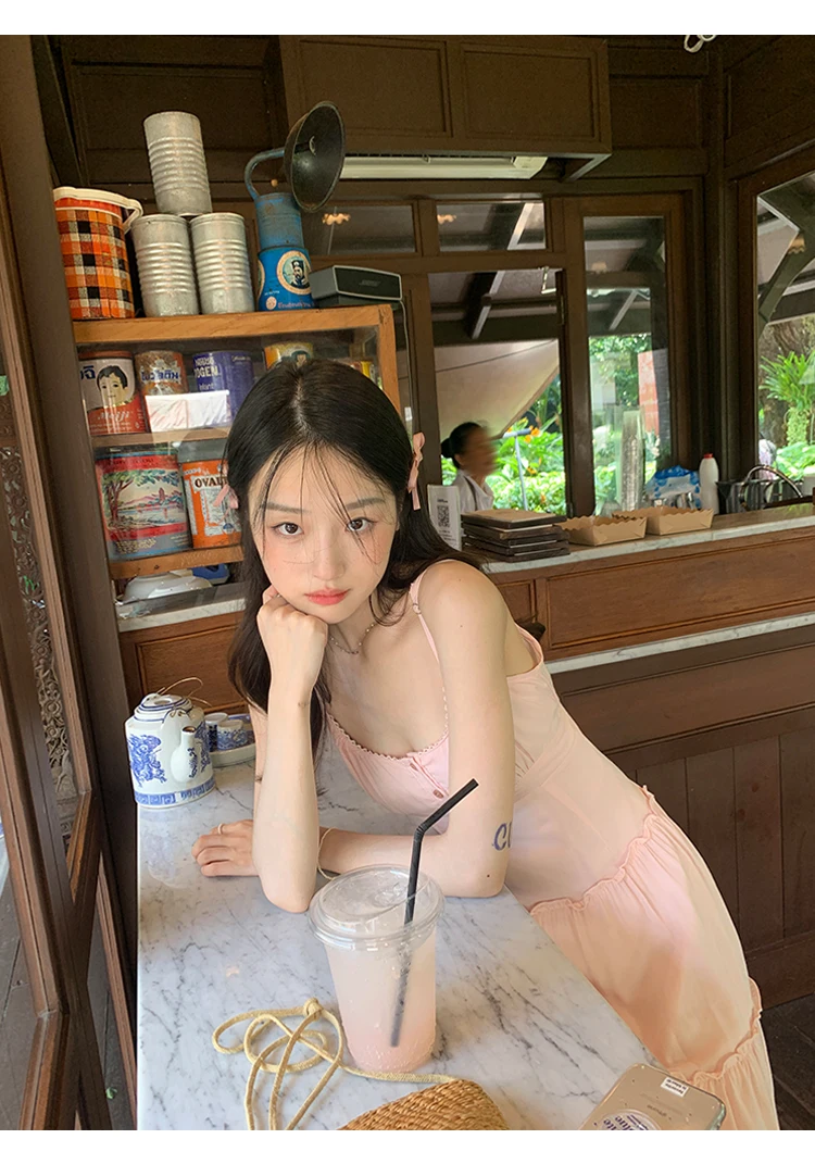 French Elegant Dresses for Women Solid Spaghetti Strap Summer New Ruffles A-line Casual Korean Chic Midi Vestidos Mujer