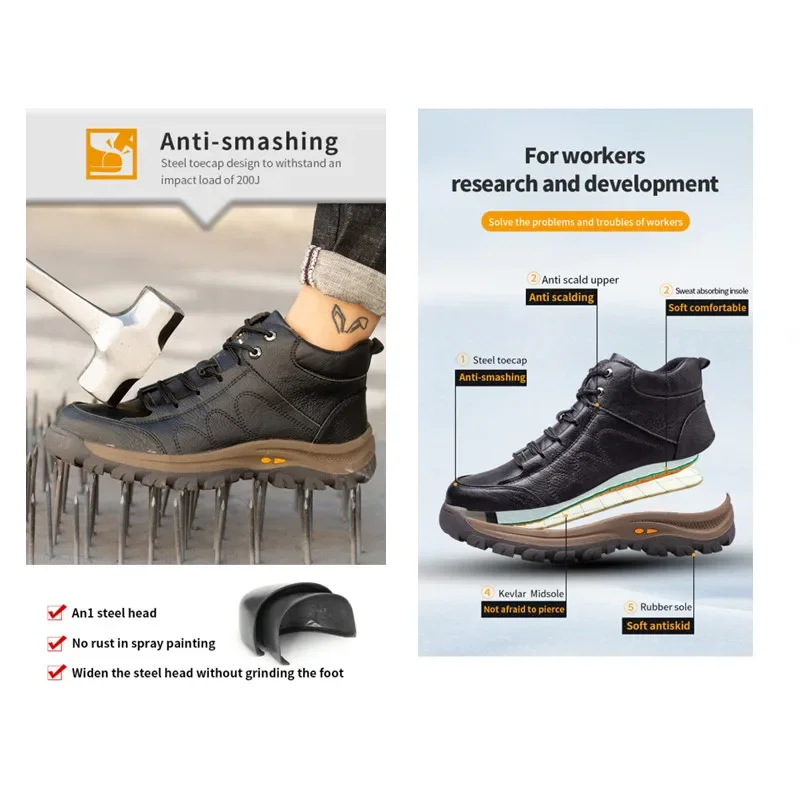 Safety Shoes Men Shoes Men Leather Safety Work Boots Steel Toe Puncture-proof Indestructible Safety Shoes Staleneus Construction Welding Work Boots