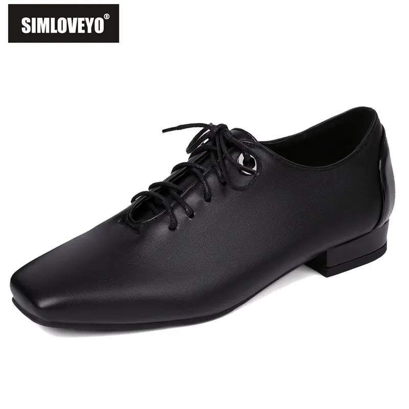 

SIMLOVEYO Brand Office Lady Flats Soft Square Toe Lace Up Plus Size 41 42 43 Metal Decoration Fashion Concise Daily Female Shoes