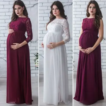 Women Pregnant Maternity Dress Pregnancy Clothes Long Sleeve Lace Party Long Dress Maternity Clothes for Photography Props