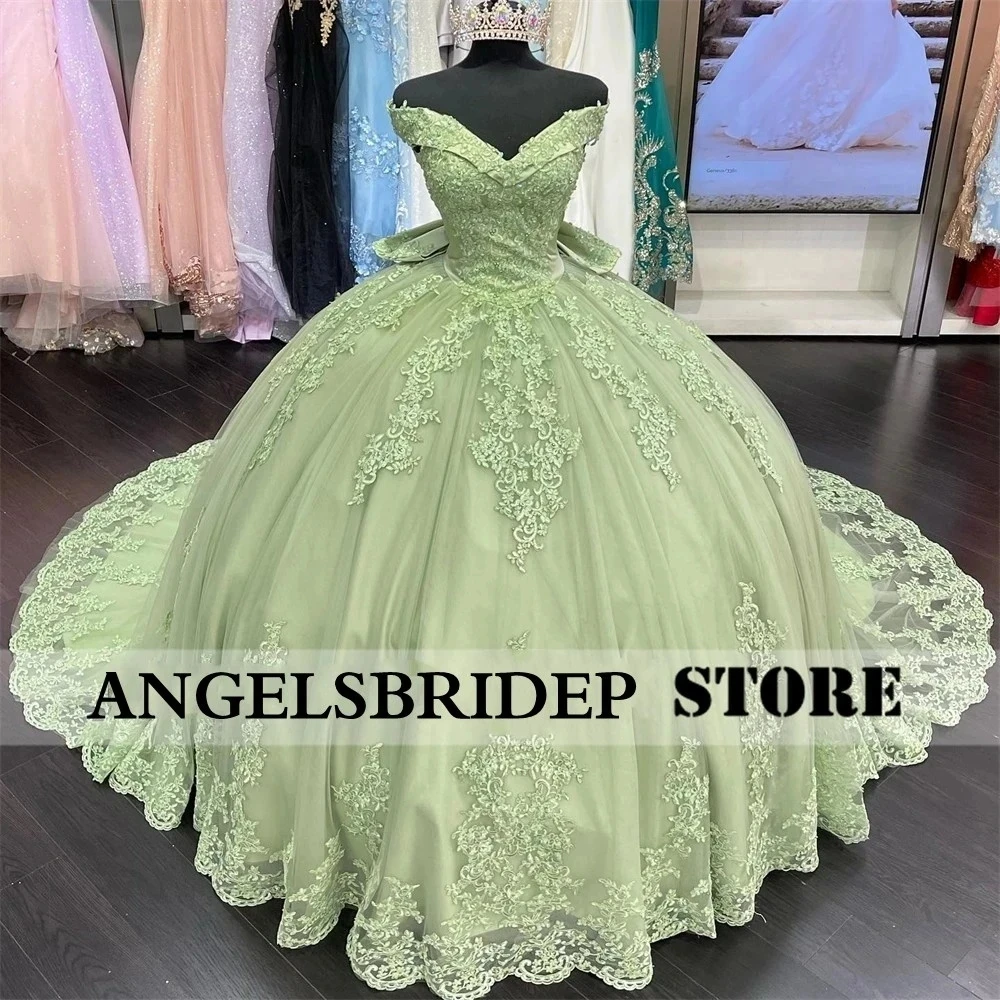 

ANGELSBRIDEP Green Off-Shoulder Quinceanera Dresses With Bow Delicate Lace Vestidos De 15 Anos Formal Birthday Party Prom Dress