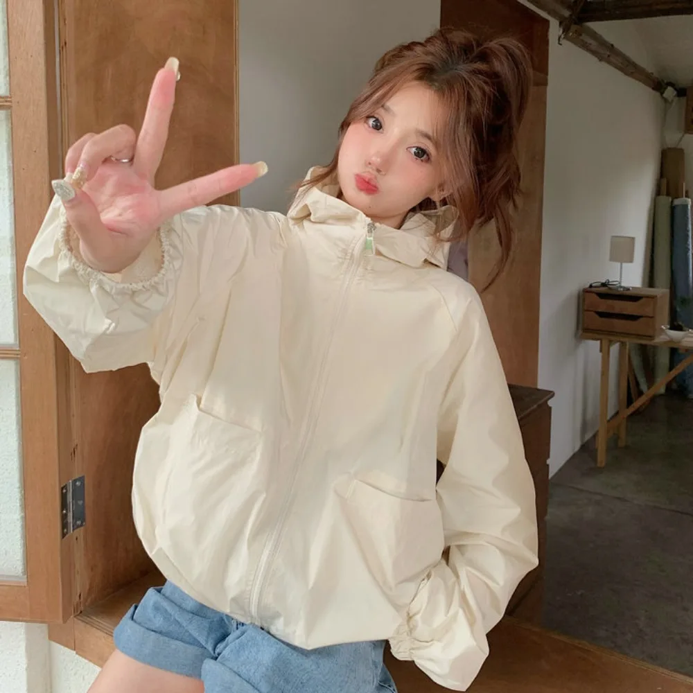 Casual Loose Sunscreen Coat Women Quick-Drying Solid Color Sun-Protective Tops Out Wear Windproof Hooded Jacket Spring Autumn