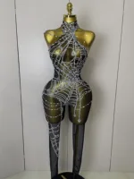 STOCK 2025Women Sparkly Diamond Sexy Mesh Jumpsuit Nightclub Bar Party Show Gogo Dancer Clothing Drag Queen Outfit Stage Costume