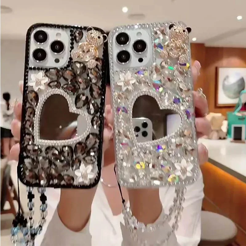 Luxury Women Girls Diamond Makeup Mirror Back Cover for Huawei P50Pro P40 Mate30 for Honor 9X 50 60Pro Shockproof Phone Case