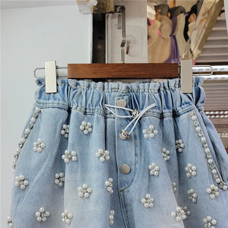 High Waist Slim Wide-Leg Denim Shorts for Women 2024 Summer New Heavy-Duty Diamond-Embedded Beaded Elastic Waist Short Jeans