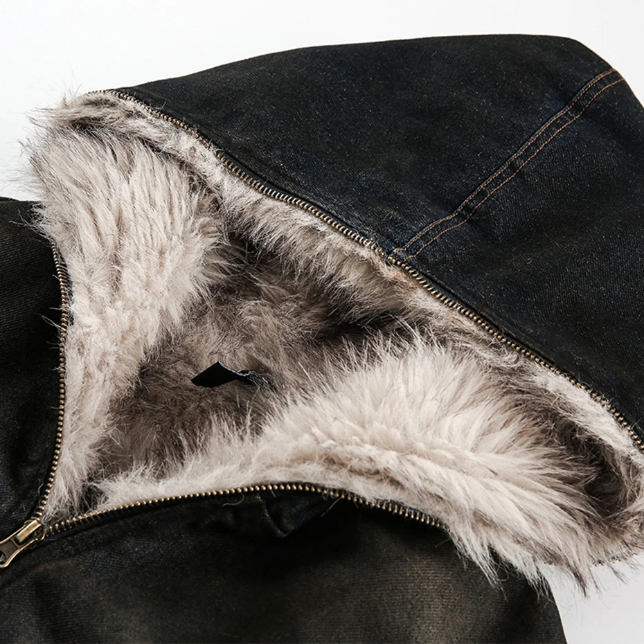 Vintage Denim Parkas Fur Warm Padded Jackets Men Streetwear Harajuku Oversized Bubble Coat Outwear 4