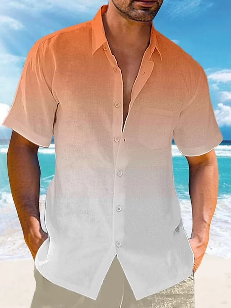 

2023 Summer Beach Clothing Shirts For Men Short Sleeve Button Lapel Loose Cotton Linen Shirt Gradient Color Fashion Men's Shirt
