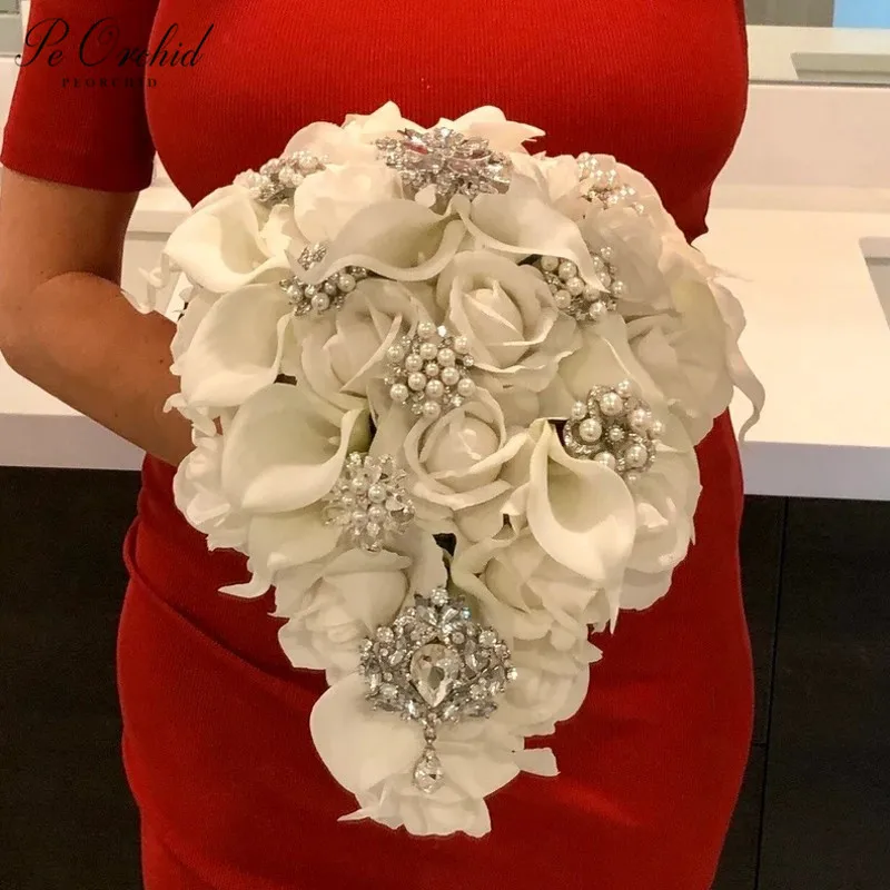 

PEORCHID Silver White Rose Calla Lily Artificial Flowers Cascading Bouquet Pearls Crystal Brooch Waterfall Wedding Bride Bouquet