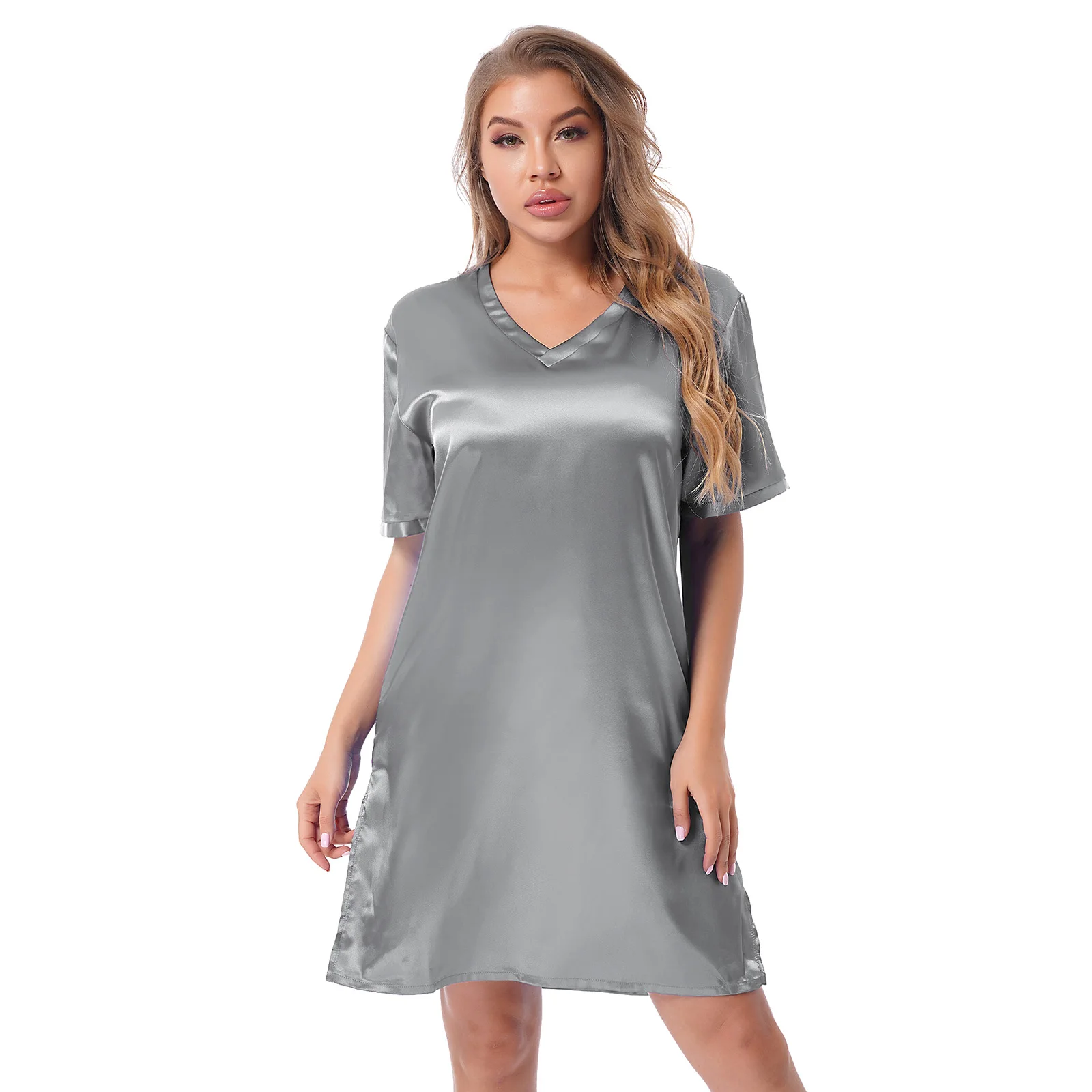 Womens Sides Split Nightgown Shirt Robes Satin Sleepwear Pajamas V Neck Night Dress Home Clothes Nightwear Sexy Night Homewear
