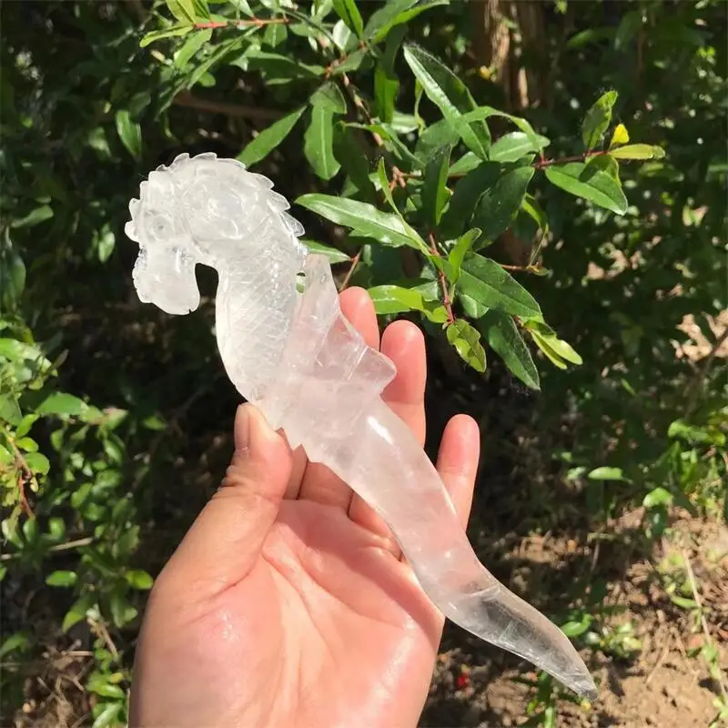 

20cm Natural Clear Quartz Hand-Carved Sea Horse Statue Crystal Crafts Healing Stone Home Decoration