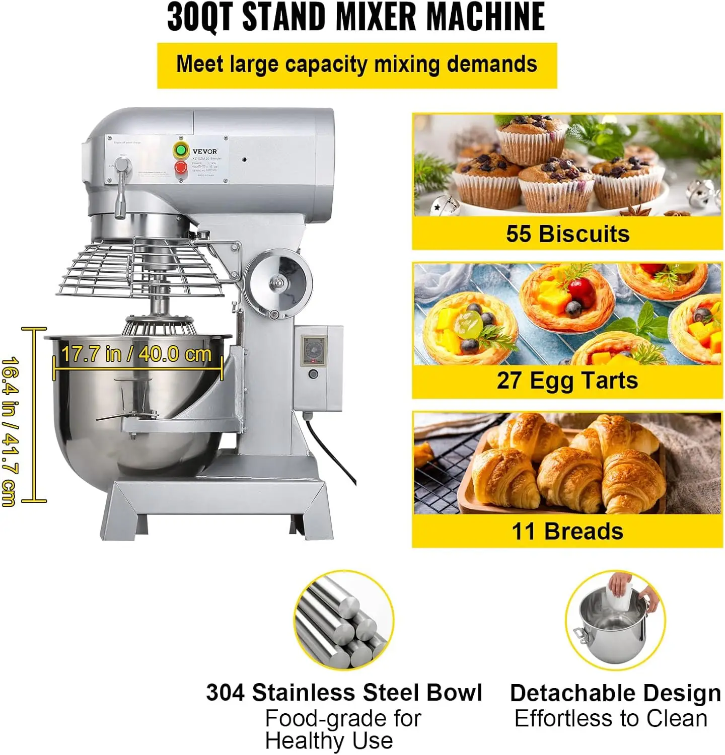 30Qt Commercial Food Mixer with Timing Function， Commercial Mixer 1250W Stainless Steel Bowl Heavy Duty Electric Food Mixer 3