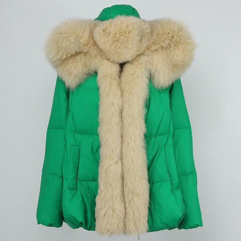 

MENINA BONITA 2023 Winter Women White Goose Down Jacket Lining Natural Fox Fur Collar Hooded Loose Thick New Fashion Outerwear