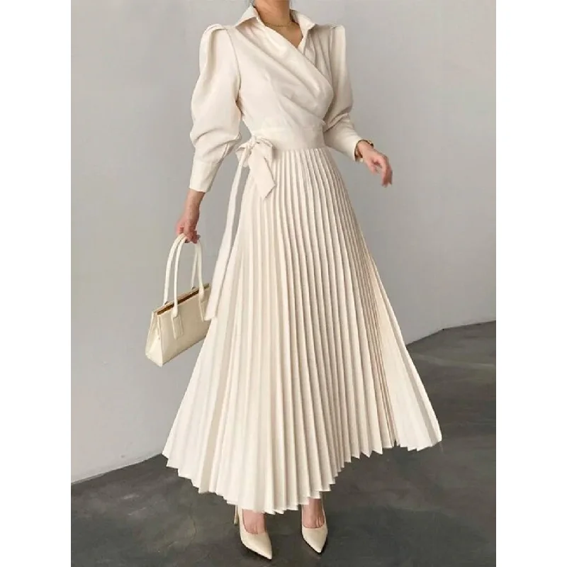 

Freeacy Office Ladies New Lapel Collar Puff Sleeves High Waist Pleated Dress 2023 Spring Summer New Women's Elegant Dresses