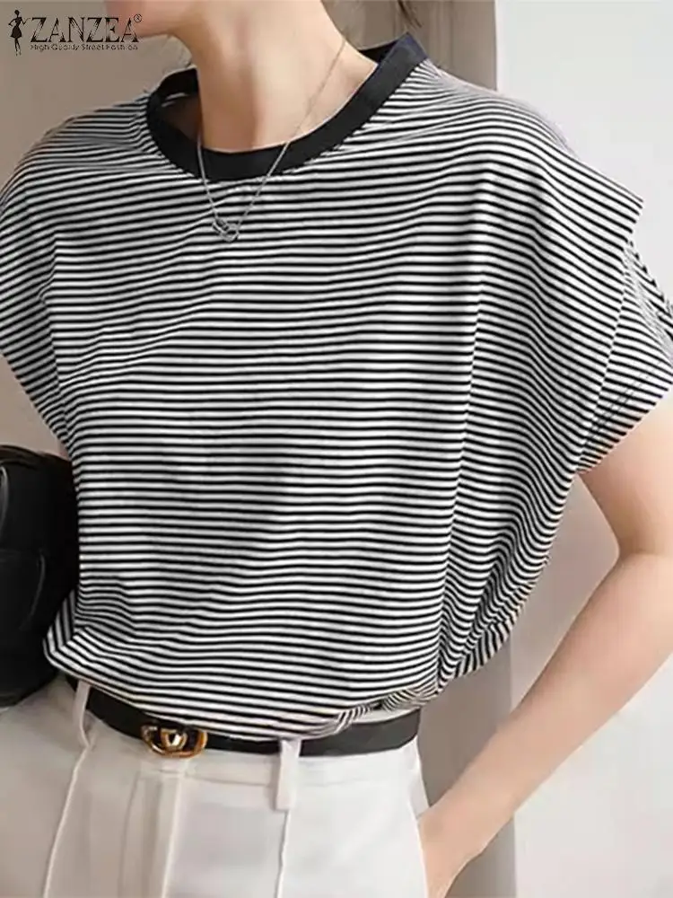 ZANZEA 여성용 더블 레이어 반팔 줄무늬 블라우스, 2024 한국 하라주쿠 상의, 캐주얼 라운드넥 셔츠, 여름 패션 