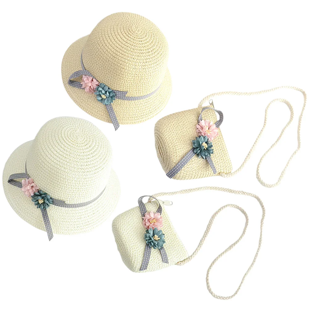 2 Sets Kids Straw Hat Bags Set Flower Straw Hat With Matching Beach Bag Set for Kids