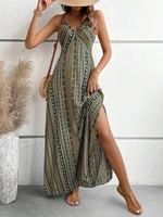 Women's Summer Ethnic Pattern Backless Split Thigh Dress Ladies Summer Clothes Boho Fashion Frill Trim Long Dress for Beach - Image 2