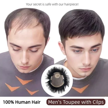 Parrucchino maschile nero naturale Parrucca corta per capelli umani Clip nelle estensioni dei capelli Copertura topper traspirante delicata sulla pelle Calvizie Perdita di capelli