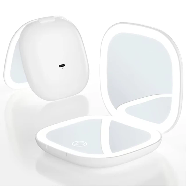 2 côtés du visage tactile Compact Led 3 couleurs Mini pliable Charge cosmétique miroir de maquillage avec lumière 5X grossissement Compact portable 2