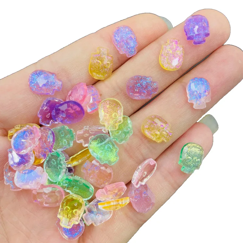 100 Pcs New Cute Mini Cartoon Shiny Skull Head Resin 3D Flat Cabochon Jewelry Ornament Manicure Making Hairwear Accessori N95