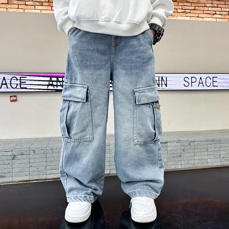School Boys Casual Cargo Jeans With Pocket Preppy Loose Style Teenage Child Denim Pants High Fashion Kids Jeans Trousers 5-14 Y - Image 5