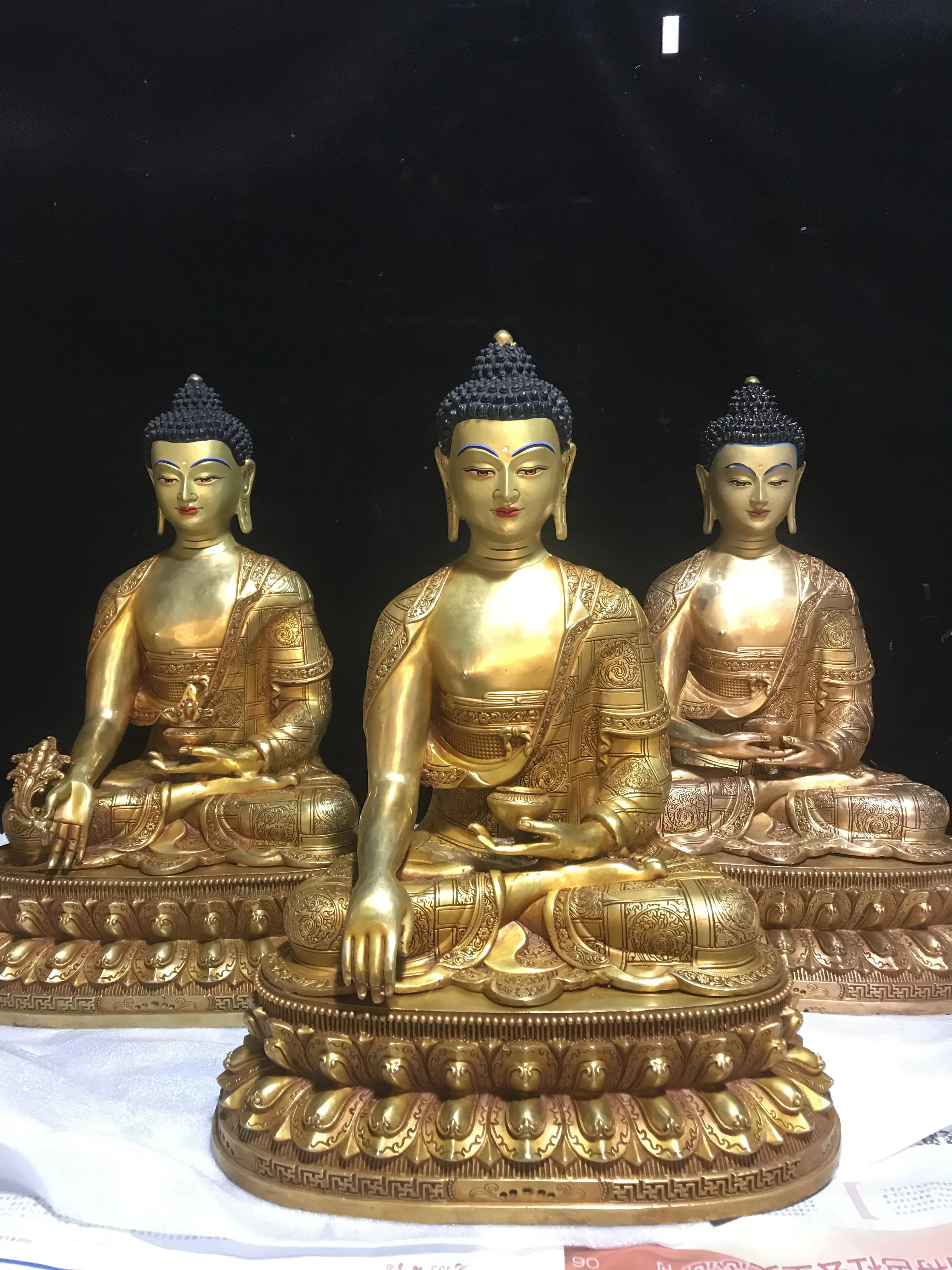 

15-inch Tibetan craft Tibetan tantric pure copper gilding Sakyamuni three saints bronze Buddha ornaments boutique.