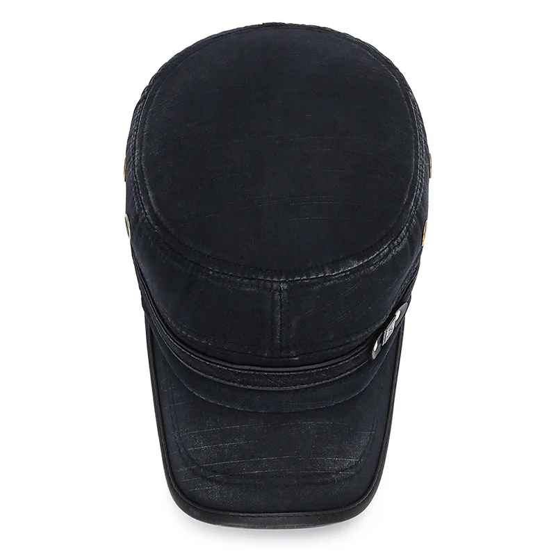 Cotton Flat Cap Men's Women's Slub Distressed Leather Trim Retro Baseball Cap Sun Visor Unisex One Size Fits All
