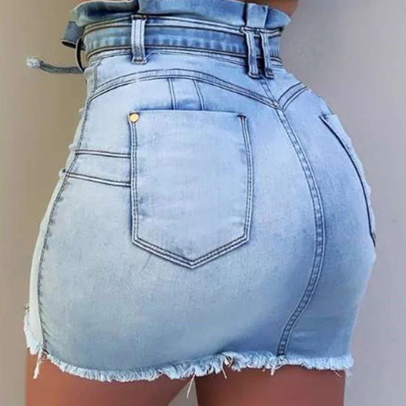 High Waist Elastic Bandage Sexy Denim Mini Skirts Single-breasted Harajuku Casual Hip Bag Stretch Bodycon Patchwork Sashes Skirt