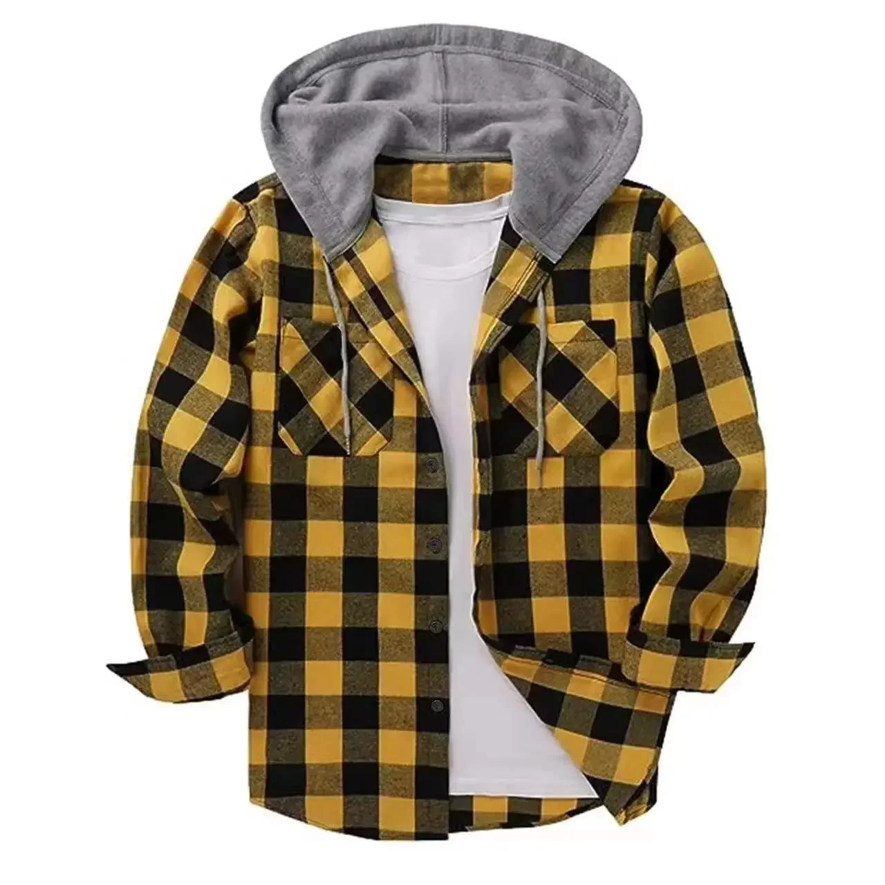 Men's Plaid Long Sleeved Hooded Shirt With Button Work Drawstring Casual Top Cardigan Sweatsuit Street Clothing Jacket  Hoodie