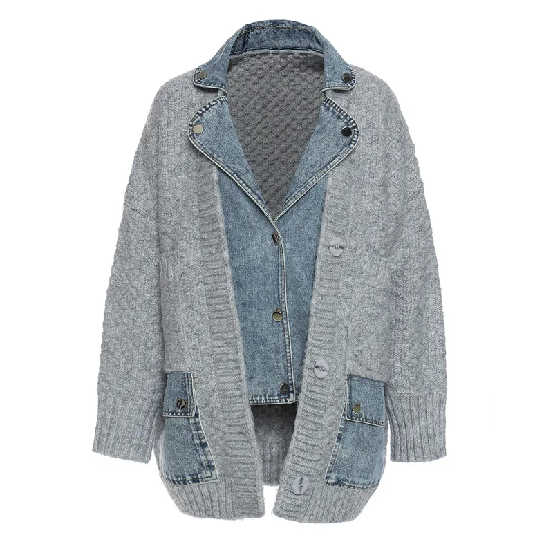 Women Jacket Denim Sweater Thickened Coat Loose Sweater Spliced Fake Two Piece Cardigan