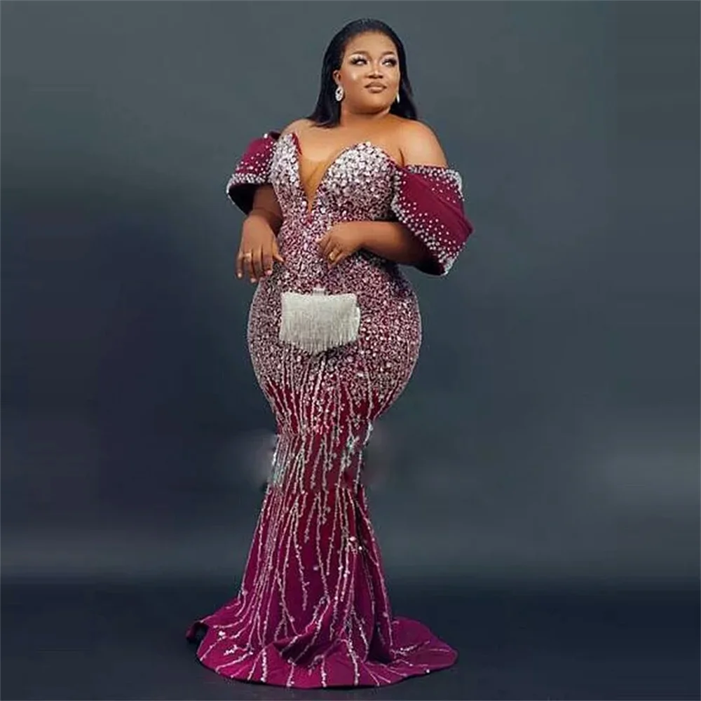 

Luxury Mermaid Evening Dress Off Shoulder Beaded prom Dress Aso ebi Formal Party Wedding Dress Plus Size Customization