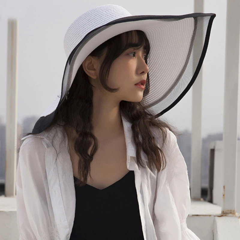 HT2504 Sun Hat Summer anti-UV Lady Wide Brim Hat Women Solid Plain Floppy Summer Straw Hats for Women Female Mesh Brim Beach Women Sun Hat