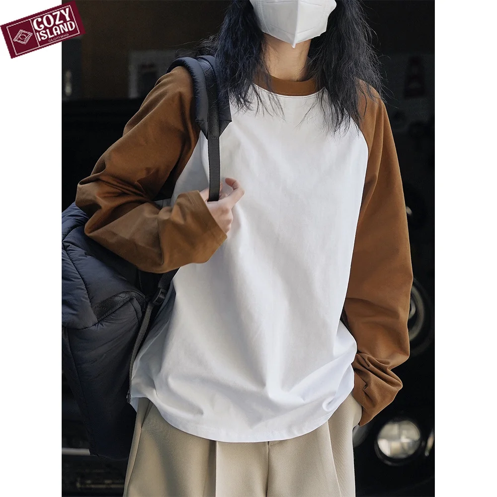 

Spring Outdoor Casual Tops Women Stitching Long-sleeved T-shirt Loose Contrast Color Raglan Round Neck Comfortable Ins Tshirts